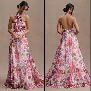 Mac Duggal Asymmetrical Ruffled Halter Maxi Dress – Floral | Size 14 | NWT